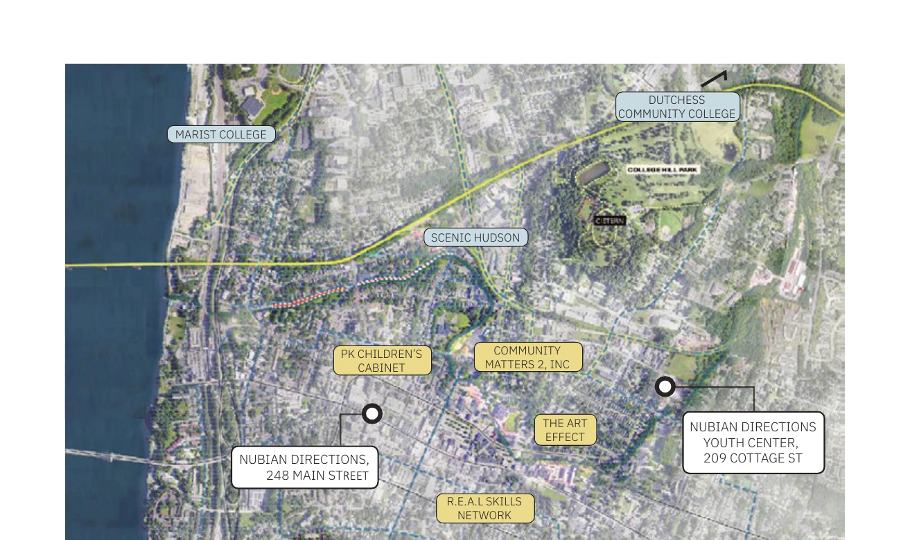 Aerial map of Poughkeepsie showing Nubian Directions and partner organizations