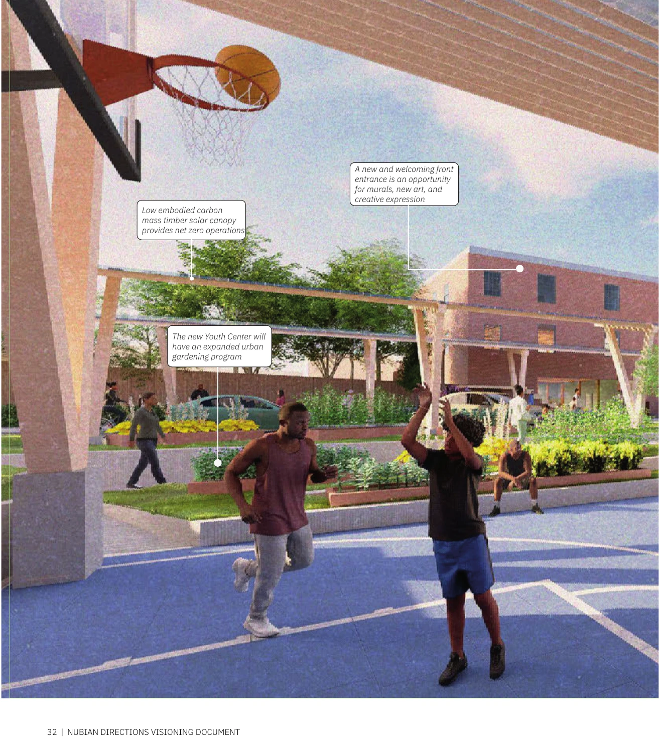 Rendering of the outdoor basketball half-court with timber canopy