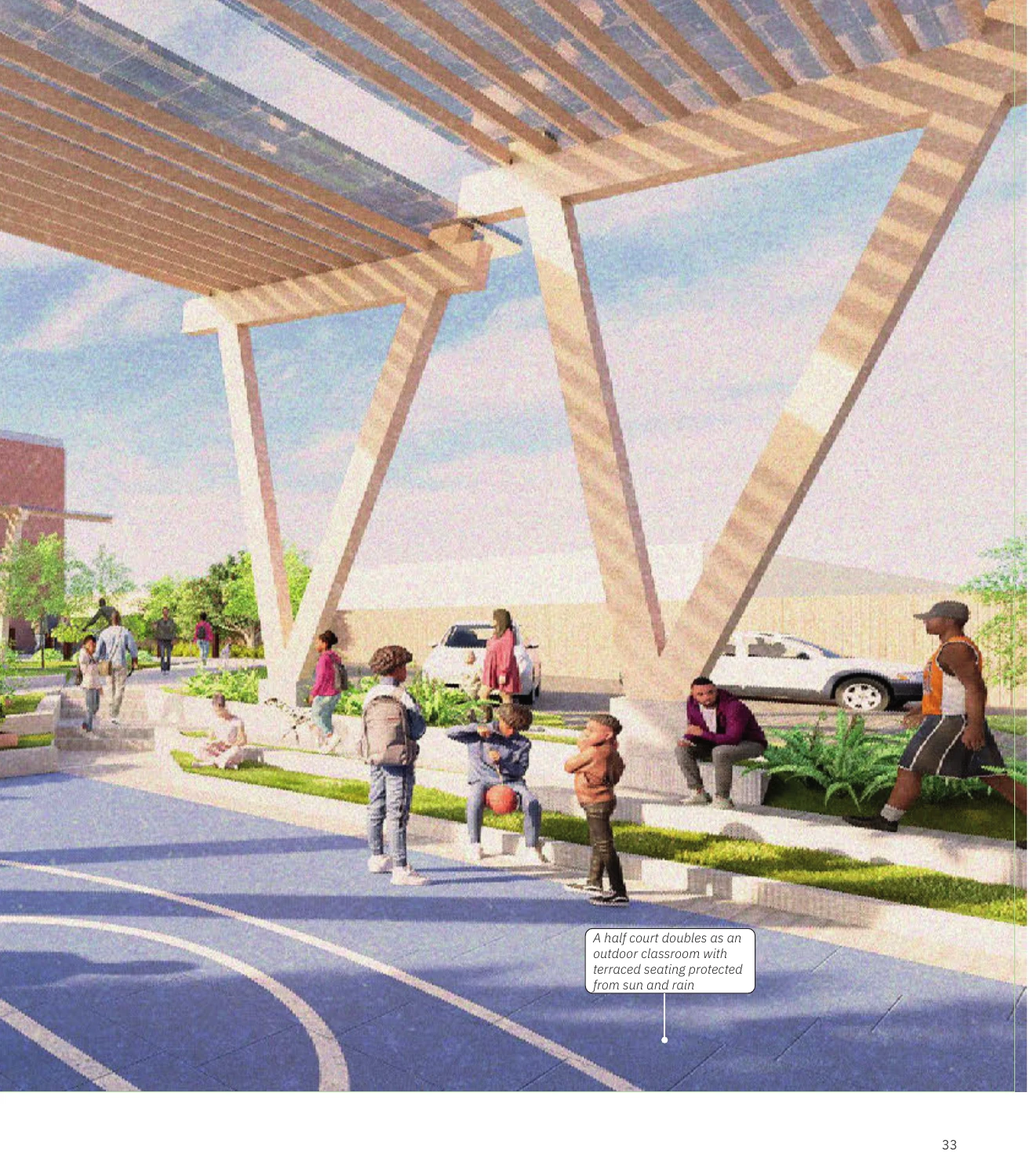 Rendering of outdoor classroom beneath mass timber solar canopy