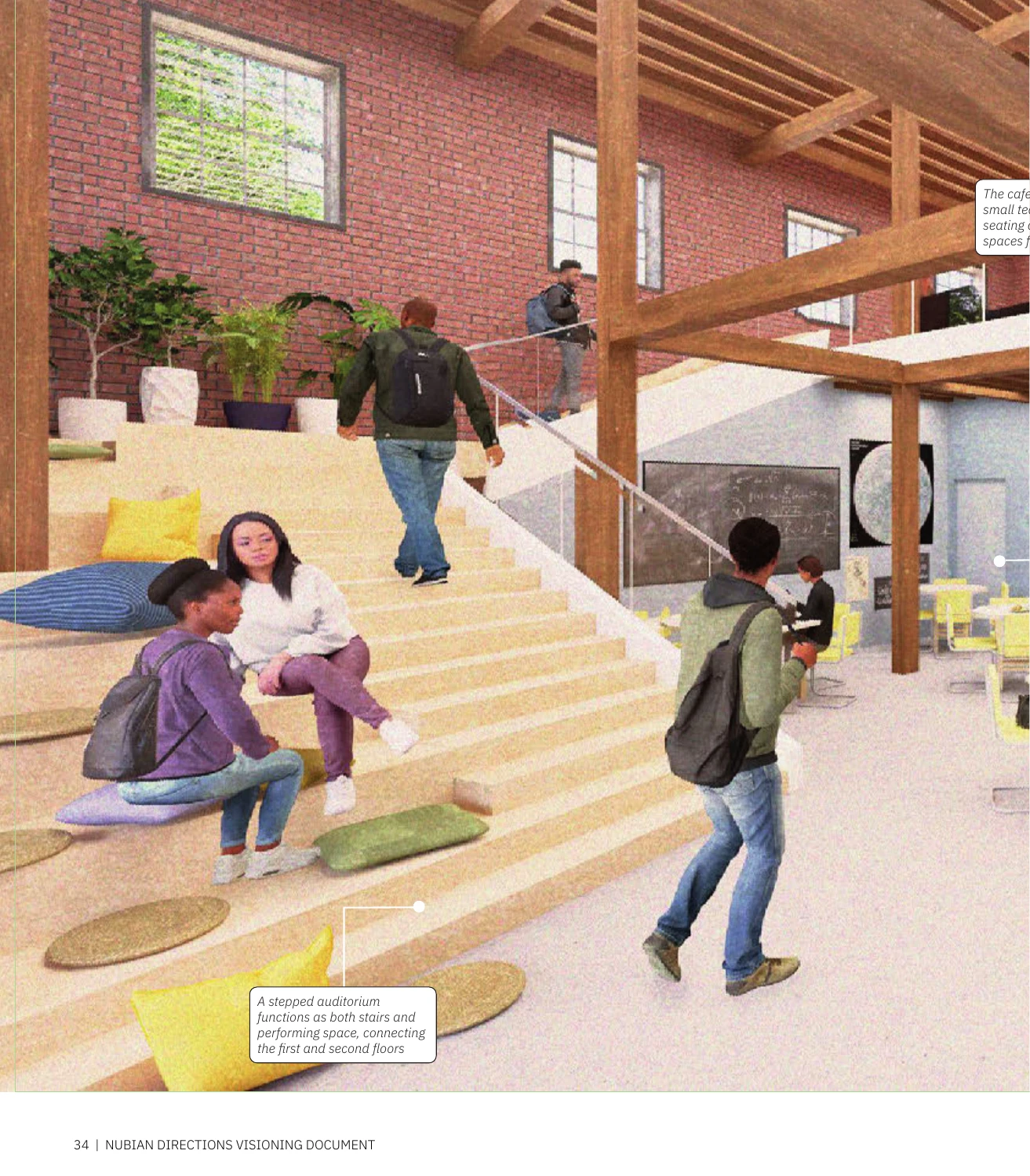 Rendering of the stepped auditorium with exposed brick and timber