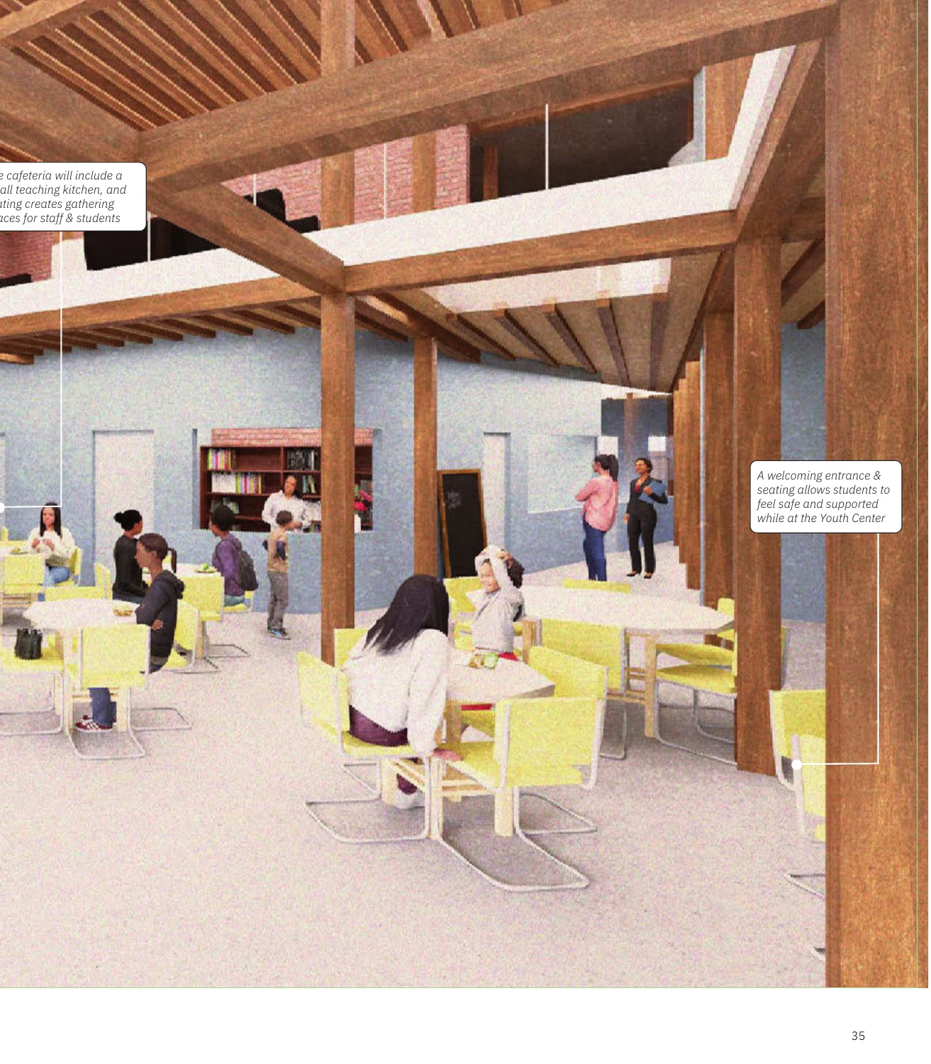 Rendering of cafeteria and welcoming entrance
